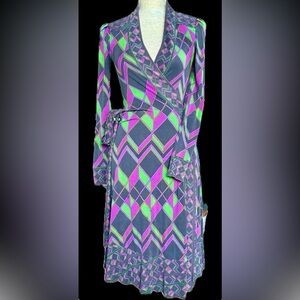 Diane von Furstenberg DVF 100% Silk Wrap Dress Sz 2 Geometric Purple Green